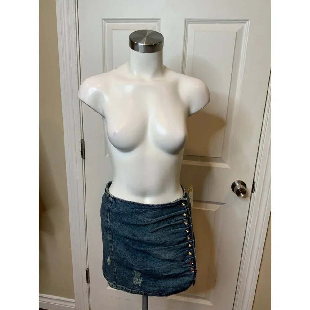 retrofete Willa Denim Mini Blue Jean Skirt Pearl Buttons, Size S, NWT! $350